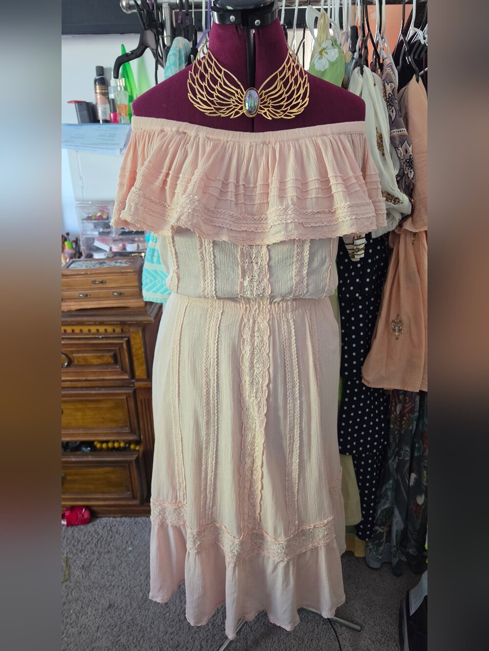 Spell Offshoulder Coral Ruffled Lace Maxi Dress